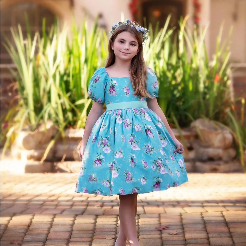 Charming Floral Aqua Kids Dress